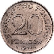 Poland 20 Fenigow German Occupation. Wilhelm II 1917 FF Y# 7 KRÓLESTWO POLSKIE 20 FENIGÓW 1918 coin reverse Poland 20 Fenigow German Occupation. Wilhelm II 1917 FF Y# 7 KRÓLESTWO POLSKIE 20 FENIGÓW 1918 coin reverse