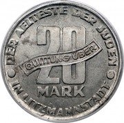 Poland 20 Mark Jewish Ghetto 1943 KM# Tn4 DER AELTESTE DER JUDEN IN LITZMANNSTADT QUITTUNG ÜBER 20 MARK coin reverse Poland 20 Mark Jewish Ghetto 1943 KM# Tn4 DER AELTESTE DER JUDEN IN LITZMANNSTADT QUITTUNG ÜBER 20 MARK coin reverse
