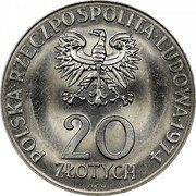 Poland 20 Zlotych 25th Anniversary of Comecon 1974 MW Y# 70 POLSKA RZECZPOSPOLITA LUDOWA 1974 MW 20 ZŁOTYCH J M-N coin obverse