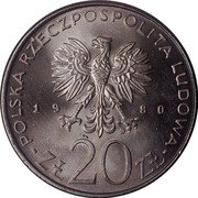 Poland 20 Zlotych 50th Anniversary of the Training Ship Dar Pomorza 1980 MW Proof Y# 112 POLSKA RZECZPOSPOLITA LUDOWA 19 80 MW ZŁ 20 ZŁ coin obverse