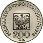 Poland 200 Zlotych 30th Anniversary of People's Republic of Poland 1974 MW Y# 72 POLSKA RZECZPOSPOLITA LUDOWA 1974 MW 200 ZŁ coin obverse