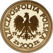 Poland 200 Zlotych XIII International Piano Competition Fryderyk Chopin 1995 Proof Y# 299 RZECZPOSPOLITA POLSKA 1995 MW ZŁ 200 ZŁ coin obverse