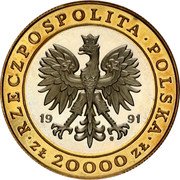Poland 20000 Zlotych 225th Anniversary of the Warsaw Mint 1991 MW Proof Y# 215 RZECZPOSPOLITA POLSKA 19 91 MW ZŁ 20000 ZŁ coin obverse Poland 20000 Zlotych 225th Anniversary of the Warsaw Mint 1991 MW Proof Y# 215 RZECZPOSPOLITA POLSKA 19 91 MW ZŁ 20000 ZŁ coin obverse