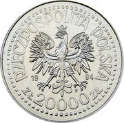 Poland 20000 Zlotych 75th Anniversary of the Disabled Association 1994 MW Y# 265 RZECZPOSPOLITA POLSKA 19 94 MW ZŁ 20000 ZŁ coin obverse Poland 20000 Zlotych 75th Anniversary of the Disabled Association 1994 MW Y# 265 RZECZPOSPOLITA POLSKA 19 94 MW ZŁ 20000 ZŁ coin obverse