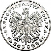 Poland 200000 Zlotych 180th Anniversary of the Birth of Fryderyk Franciszek Chopin 1990 Proof Y# 202 RZECZPOSPOLITA POLSKA 19 90 ZŁ 200000 ZŁ coin obverse Poland 200000 Zlotych 180th Anniversary of the Birth of Fryderyk Franciszek Chopin 1990 Proof Y# 202 RZECZPOSPOLITA POLSKA 19 90 ZŁ 200000 ZŁ coin obverse