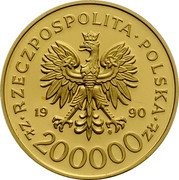 Poland 200000 Zlotych 10th Anniversary of Forming the Solidarity Trade Union 1990 Proof Y# 222 RZECZPOSPOLITA POLSKA 19 90 MW ZŁ 200000 ZŁ coin obverse Poland 200000 Zlotych 10th Anniversary of Forming the Solidarity Trade Union 1990 Proof Y# 222 RZECZPOSPOLITA POLSKA 19 90 MW ZŁ 200000 ZŁ coin obverse
