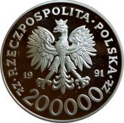 Poland 200000 Zlotych XVI Winter Olympics in Albertville 1991 Proof Y# 226 RZECZPOSPOLITA POLSKA 1991 MW ZŁ 200000 ZŁ coin obverse Poland 200000 Zlotych XVI Winter Olympics in Albertville 1991 Proof Y# 226 RZECZPOSPOLITA POLSKA 1991 MW ZŁ 200000 ZŁ coin obverse