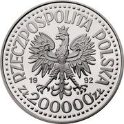 Poland 200000 Zlotych Wladyslaw III Warnenczyk 1992 MW Proof Y# 254 RZECZPOSPOLITA POLSKA 1992 MW ZŁ 200000 ZŁ coin obverse