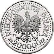 Poland 200000 Zlotych Stanislaw Staszic 1992 Proof Y# 233 RZECZYPOSPOLITA POLSKA 19 92 MW ZŁ 200 000 ZŁ coin obverse