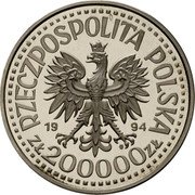 Poland 200000 Zlotych Sigismund I the Old 1994 MW Proof Y# 274 RZECZYPOSPOLITA POLSKA 19 94 MW ZŁ 200 000 ZŁ coin obverse Poland 200000 Zlotych Sigismund I the Old 1994 MW Proof Y# 274 RZECZYPOSPOLITA POLSKA 19 94 MW ZŁ 200 000 ZŁ coin obverse