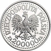 Poland 200000 Zlotych 75th Anniversary of the Disabled Association 1994 MW Proof Y# 266 RZECZYPOSPOLITA POLSKA 19 94 MW ZŁ 200000 ZŁ coin obverse Poland 200000 Zlotych 75th Anniversary of the Disabled Association 1994 MW Proof Y# 266 RZECZYPOSPOLITA POLSKA 19 94 MW ZŁ 200000 ZŁ coin obverse