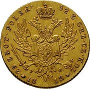 Poland 25 Zlotych Alexander I 1818 IB C# 102 25 ZŁOT POLSKI 52 Z GRZ CZ KOL I B 18 17 coin reverse Poland 25 Zlotych Alexander I 1818 IB C# 102 25 ZŁOT POLSKI 52 Z GRZ CZ KOL I B 18 17 coin reverse
