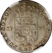 Poland 4 Groschen (1 Zloty) Stanislaus Augustus 1795 MV KM# 208.2 S 4 1/2 EX MARCA PURA COLON 4 GR M V 17 95 coin reverse Poland 4 Groschen (1 Zloty) Stanislaus Augustus 1795 MV KM# 208.2 S 4 1/2 EX MARCA PURA COLON 4 GR M V 17 95 coin reverse