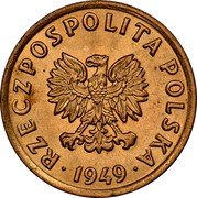 Poland 5 Groszy Circulation Coin 1949 (b) Y# 41 RZECZPOSPOLITA POLSKA 1949 coin obverse Poland 5 Groszy Circulation Coin 1949 (b) Y# 41 RZECZPOSPOLITA POLSKA 1949 coin obverse