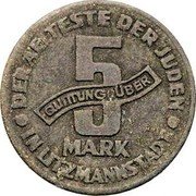 Poland 5 Mark Jewish Ghetto 1943 KM# Tn2A DER AELTESTE DER JUDEN IN LITZMANNSTADT 5 MARK QUITTUNG ÜBER coin reverse Poland 5 Mark Jewish Ghetto 1943 KM# Tn2A DER AELTESTE DER JUDEN IN LITZMANNSTADT 5 MARK QUITTUNG ÜBER coin reverse