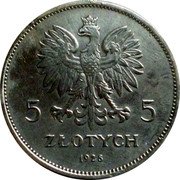 Poland 5 Zlotych Nike 1928 Without mint mark, 4,300k struck in London, 5,700k in Belgium Y# 18 5 ZŁOTYCH 5 1928 coin obverse Poland 5 Zlotych Nike 1928 Without mint mark, 4,300k struck in London, 5,700k in Belgium Y# 18 5 ZŁOTYCH 5 1928 coin obverse
