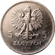 Poland 5 Zlotych 100th Anniversary of the November Uprising 1930 (w) Y# 19.2 5 5 ZŁOTYCH 1920 coin obverse Poland 5 Zlotych 100th Anniversary of the November Uprising 1930 (w) Y# 19.2 5 5 ZŁOTYCH 1920 coin obverse