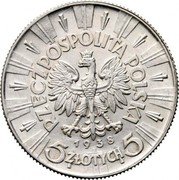 Poland 5 Zlotych Jozef Pilsudski 1938 (w) Y# 28 RZECZPOSPOLITA POLSKA 1936 5 ZŁOTYCH 5 coin obverse Poland 5 Zlotych Jozef Pilsudski 1938 (w) Y# 28 RZECZPOSPOLITA POLSKA 1936 5 ZŁOTYCH 5 coin obverse