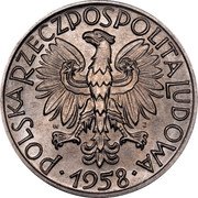 Poland 5 Zlotych Fisherman 1958 Two date varieties exist for strikes dated 1958 Y# 47 POLSKA RZECZPOSPOLITA LUDOWA W J 1959 coin obverse Poland 5 Zlotych Fisherman 1958 Two date varieties exist for strikes dated 1958 Y# 47 POLSKA RZECZPOSPOLITA LUDOWA W J 1959 coin obverse