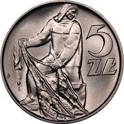 Poland 5 Zlotych Fisherman 1958 Two date varieties exist for strikes dated 1958 Y# 47 5 ZŁ coin reverse Poland 5 Zlotych Fisherman 1958 Two date varieties exist for strikes dated 1958 Y# 47 5 ZŁ coin reverse