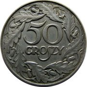 Poland 50 Groszy German Occupation WW II 1938 (w) Varieties exist Y# 38A 50 GROSZY coin reverse Poland 50 Groszy German Occupation WW II 1938 (w) Varieties exist Y# 38A 50 GROSZY coin reverse