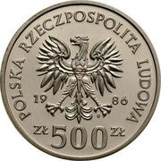 Poland 500 Zlotych King Wladyslaw I Lokietek 1986 MW Proof Y# 161 POSLKA RZECZPOSPOLITA LUDOWA 19 86 MW ZŁ 500 ZŁ coin obverse Poland 500 Zlotych King Wladyslaw I Lokietek 1986 MW Proof Y# 161 POSLKA RZECZPOSPOLITA LUDOWA 19 86 MW ZŁ 500 ZŁ coin obverse