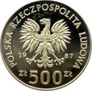 Poland 500 Zlotych European Football Championship in West Germany 1987 MW Proof Y# 166 POLSKA RZECZPOSPOLITA LUDOWA 19 87 MW ZŁ 500 ZŁ coin obverse Poland 500 Zlotych European Football Championship in West Germany 1987 MW Proof Y# 166 POLSKA RZECZPOSPOLITA LUDOWA 19 87 MW ZŁ 500 ZŁ coin obverse