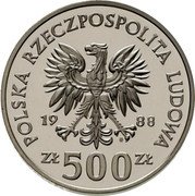 Poland 500 Zlotych Football World Cup in Italy 1988 MW Proof Y# 184 POLSKA RZECZPOSPOLITA LUDOWA 19 88 MW ZŁ 500 ZŁ coin obverse Poland 500 Zlotych Football World Cup in Italy 1988 MW Proof Y# 184 POLSKA RZECZPOSPOLITA LUDOWA 19 88 MW ZŁ 500 ZŁ coin obverse