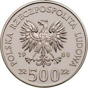 Poland 500 Zlotych Queen Jadwiga 1988 MW Proof Y# 181 POLSKA RZECZPOSPOLITA LUDOWA 19 88 MW ZŁ 500 ZŁ coin obverse Poland 500 Zlotych Queen Jadwiga 1988 MW Proof Y# 181 POLSKA RZECZPOSPOLITA LUDOWA 19 88 MW ZŁ 500 ZŁ coin obverse
