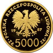 Poland 5000 Zlotych Visit of Pope Ioannes Paulus II 1987 MW Proof Y# 170 POLSKA RZECZPOSPOLITA LUDOWA 19 87 MW ZŁ 5000 ZŁ coin obverse Poland 5000 Zlotych Visit of Pope Ioannes Paulus II 1987 MW Proof Y# 170 POLSKA RZECZPOSPOLITA LUDOWA 19 87 MW ZŁ 5000 ZŁ coin obverse