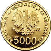 Poland 5000 Zlotych 10th Anniversary of the Election of Pope Ioannes Paulus II 1988 MW Proof Y# 176 POLSKA RZECZPOSPOLITA LUDOWA 19 88 MW ZŁ 5000 ZŁ coin obverse Poland 5000 Zlotych 10th Anniversary of the Election of Pope Ioannes Paulus II 1988 MW Proof Y# 176 POLSKA RZECZPOSPOLITA LUDOWA 19 88 MW ZŁ 5000 ZŁ coin obverse