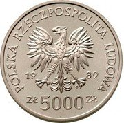 Poland 5000 Zlotych King Wladyslaw II 1989 MW Proof Y# 197 POLSKA RZECZPOSPOLITA LUDOWA 19 89 MW ZŁ 5000 ZŁ coin obverse Poland 5000 Zlotych King Wladyslaw II 1989 MW Proof Y# 197 POLSKA RZECZPOSPOLITA LUDOWA 19 89 MW ZŁ 5000 ZŁ coin obverse