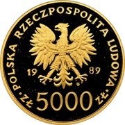 Poland 5000 Zlotych Papacy. Pope John Paul II 1989 MW Sets only Y# 188 POLSKA RZECZPOSPOLITA LUDOWA 19 89 MW ZŁ 5000 ZŁ coin obverse Poland 5000 Zlotych Papacy. Pope John Paul II 1989 MW Sets only Y# 188 POLSKA RZECZPOSPOLITA LUDOWA 19 89 MW ZŁ 5000 ZŁ coin obverse