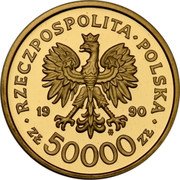 Poland 50000 Zlotych Solidarity 1990 Proof Y# 220 RZECZPOSPOLITA POLSKA 19 90 MW ZŁ 50000 ZŁ coin obverse Poland 50000 Zlotych Solidarity 1990 Proof Y# 220 RZECZPOSPOLITA POLSKA 19 90 MW ZŁ 50000 ZŁ coin obverse