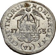 Poland 6 Groszy Thorn City 1763 KM# 62 MONETA ARGENT CIVITA THORUNEN 17 63 D B VI coin reverse Poland 6 Groszy Thorn City 1763 KM# 62 MONETA ARGENT CIVITA THORUNEN 17 63 D B VI coin reverse