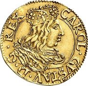 Poland Ducat Karol X Gustaw Swedish Occupation 1657 NH KM# 71 CAROL GVSTAV D G REX coin obverse Poland Ducat Karol X Gustaw Swedish Occupation 1657 NH KM# 71 CAROL GVSTAV D G REX coin obverse