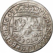 Poland Gulden (30 Groschen - 1/3 Thaler - Tympf) Johann Casimir 1633 AT, error 63 KM# 120 MONETA NOVA ARG REG IO 1666 XXX GRO POL A T coin reverse Poland Gulden (30 Groschen - 1/3 Thaler - Tympf) Johann Casimir 1633 AT, error 63 KM# 120 MONETA NOVA ARG REG IO 1666 XXX GRO POL A T coin reverse
