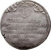 Poland Thaler Thorn City 1629 KM# 9 THORVNIA HOSTILITER OPPVGNATA ET DEI O AVXILIO FORTR A CIVIB DEFENSA XVI FEBR ANNO MDC XXIX coin obverse Poland Thaler Thorn City 1629 KM# 9 THORVNIA HOSTILITER OPPVGNATA ET DEI O AVXILIO FORTR A CIVIB DEFENSA XVI FEBR ANNO MDC XXIX coin obverse
