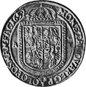 Poland Thaler Posen Coin 1652 (aa)-AT KM# 25 MONETA NOVA REG P OLO POSNANEAG 1652 A T coin reverse Poland Thaler Posen Coin 1652 (aa)-AT KM# 25 MONETA NOVA REG P OLO POSNANEAG 1652 A T coin reverse