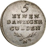 Poland 1/5 Gulden (Marshal Lefebvre French Occupation. Trial Strike) KM# Pn37 5 EINEN DANZIGER GULDEN M coin reverse Poland 1/5 Gulden (Marshal Lefebvre French Occupation. Trial Strike) KM# Pn37 5 EINEN DANZIGER GULDEN M coin reverse