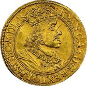 Poland 1 Ducat Johann Casimir Coin 1656 GR IOAN CAS D G REX POL & SUEC M D L R coin obverse Poland 1 Ducat Johann Casimir Coin 1656 GR IOAN CAS D G REX POL & SUEC M D L R coin obverse