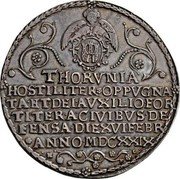 Poland 1 Thaler Thorn Under Siege 1629  THORVNIA HOSTILITER OPPVGNA TA ET DEI AVXILIO FOR TITER CIVIBVS DE FENSA DIE XVI FEBR ANNO MDCXXIX H L coin obverse Poland 1 Thaler Thorn Under Siege 1629  THORVNIA HOSTILITER OPPVGNA TA ET DEI AVXILIO FOR TITER CIVIBVS DE FENSA DIE XVI FEBR ANNO MDCXXIX H L coin obverse