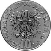 Poland 10 Zlotych (Nicolaus Copernicus. Small Type. Trial Strike) KM# Pr161 POLSKA RZECZPOSPOLITA LUDOWA 1967 MW ZŁ 10 ZŁ coin obverse Poland 10 Zlotych (Nicolaus Copernicus. Small Type. Trial Strike) KM# Pr161 POLSKA RZECZPOSPOLITA LUDOWA 1967 MW ZŁ 10 ZŁ coin obverse