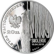Poland 20 Zlotych Smolensk. The Memory of the Victims of 10.04.2010 2011 MW Proof Y# 771 RZECZPOSPOLITA POLSKA 2011 MW 20 ZŁ SMOLEŃSK 10.04.2010 coin obverse Poland 20 Zlotych Smolensk. The Memory of the Victims of 10.04.2010 2011 MW Proof Y# 771 RZECZPOSPOLITA POLSKA 2011 MW 20 ZŁ SMOLEŃSK 10.04.2010 coin obverse