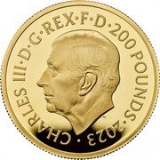 UK 200 Pounds The Royal Mint CHARLES III D G REX F D 200 POUNDS 2023 MJ coin obverse