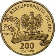 Poland 200 Zlotych 150th Anniversary of Fryderyk Chopin's Death 1999 Proof Y# 367 RZECZPOSPOLITA POLSKA MW 1999 200 ZŁOTYCH coin obverse Poland 200 Zlotych 150th Anniversary of Fryderyk Chopin's Death 1999 Proof Y# 367 RZECZPOSPOLITA POLSKA MW 1999 200 ZŁOTYCH coin obverse