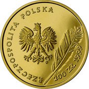 Poland 200 Zlotych 150th Anniversary of Juliusz Slowacki's Death 1999 Proof Y# 385 RZECZPOSPOLITA POLSKA MW 200 ZŁ 1999 coin obverse Poland 200 Zlotych 150th Anniversary of Juliusz Slowacki's Death 1999 Proof Y# 385 RZECZPOSPOLITA POLSKA MW 200 ZŁ 1999 coin obverse