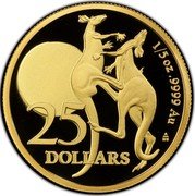 Australia 25 Dollars (In the name of Elizabeth II.6th Portrait. Fighting Kangaroos) 1/5 OZ .9999 AU AB 25 DOLLARS coin reverse