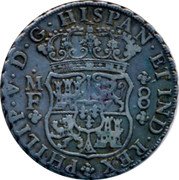Spain 8 Reales Kingdom PHILIP V D G HISPAN ET IND REX M F 8 coin obverse Spain 8 Reales Kingdom PHILIP V D G HISPAN ET IND REX M F 8 coin obverse