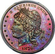 USA 100 Cents 1879 Goloid Metric Dollar. Pattern. 1879  E PLURIBUS UNUM LIBERTY 1879 coin obverse USA 100 Cents 1879 Goloid Metric Dollar. Pattern. 1879  E PLURIBUS UNUM LIBERTY 1879 coin obverse